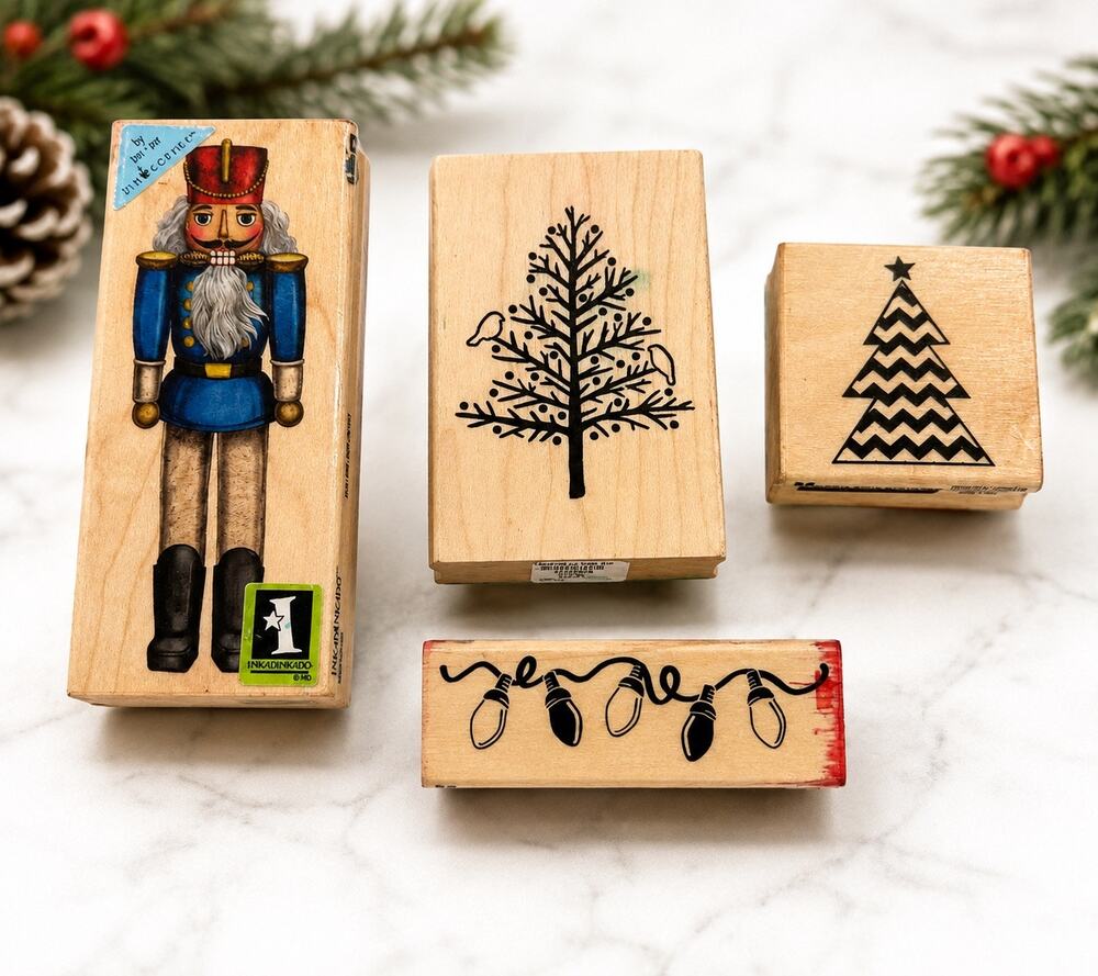 Christmas Rubber Stamp Lot of 4 Inkadinkado Paper Source Craft Smart Wood Mount